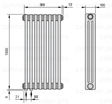 Схема (чертеж) Радиатор Zehnder Charleston 3150/8 №3370 Белый глянцевый RAL 9016